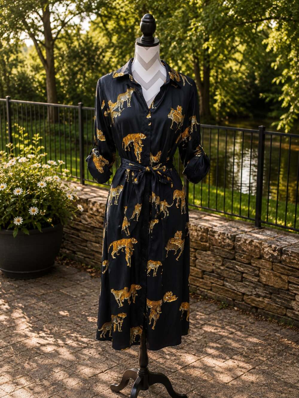 SHEIN Women's Tiger Print Belted Midi Shirt Dress